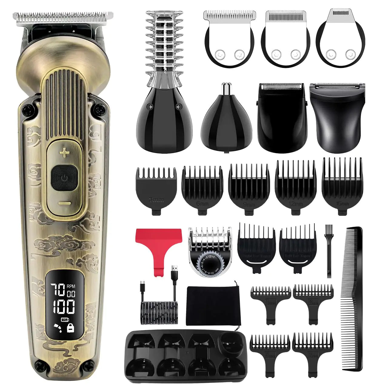 Men 8 in 1 Adjustable Speed Waterproof Hair Clipper T-Blade Trimmer Electic Razor Bronze